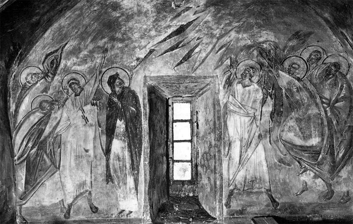 Вознесение. 1390-е годы. Церковь Успения Пресвятой Богородицы на Волотовом поле, Новгород (Ascension. 1390s. Church of the Assumption of the Blessed Virgin Mary on Volotovo Field, Novgorod)